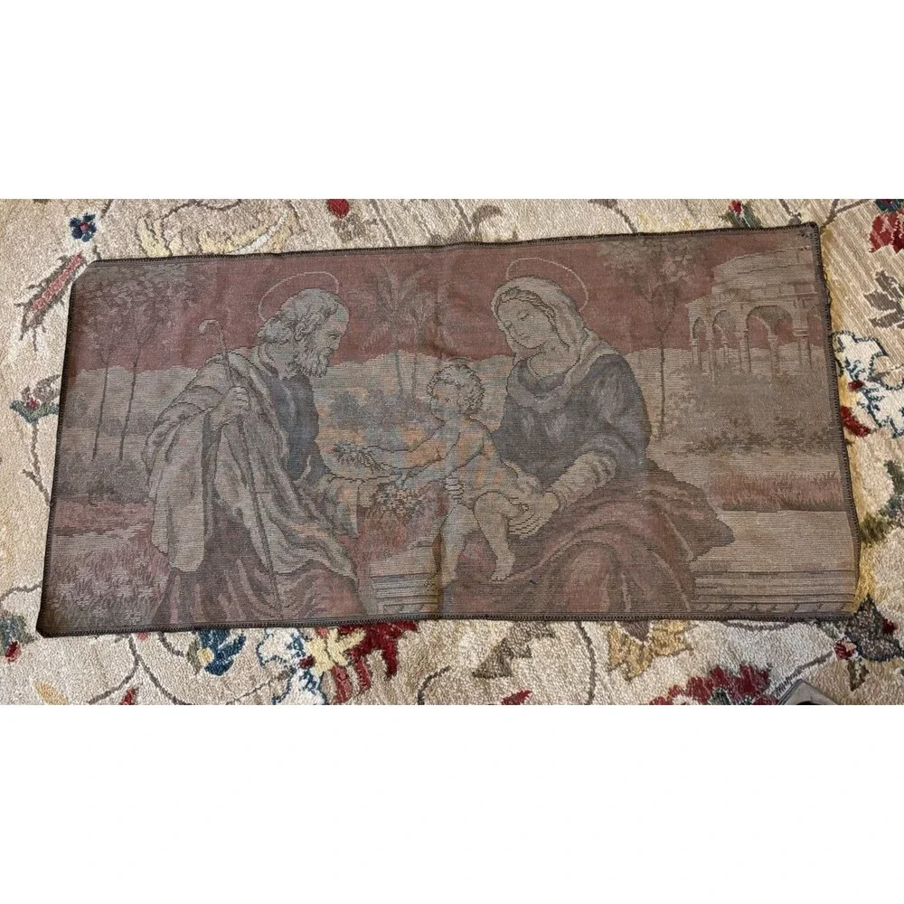 VTG VELVET TAPESTRY HOLY FAMILY WALL HANGING - MARY, JOSEPH, & BABY JESUS ITALY